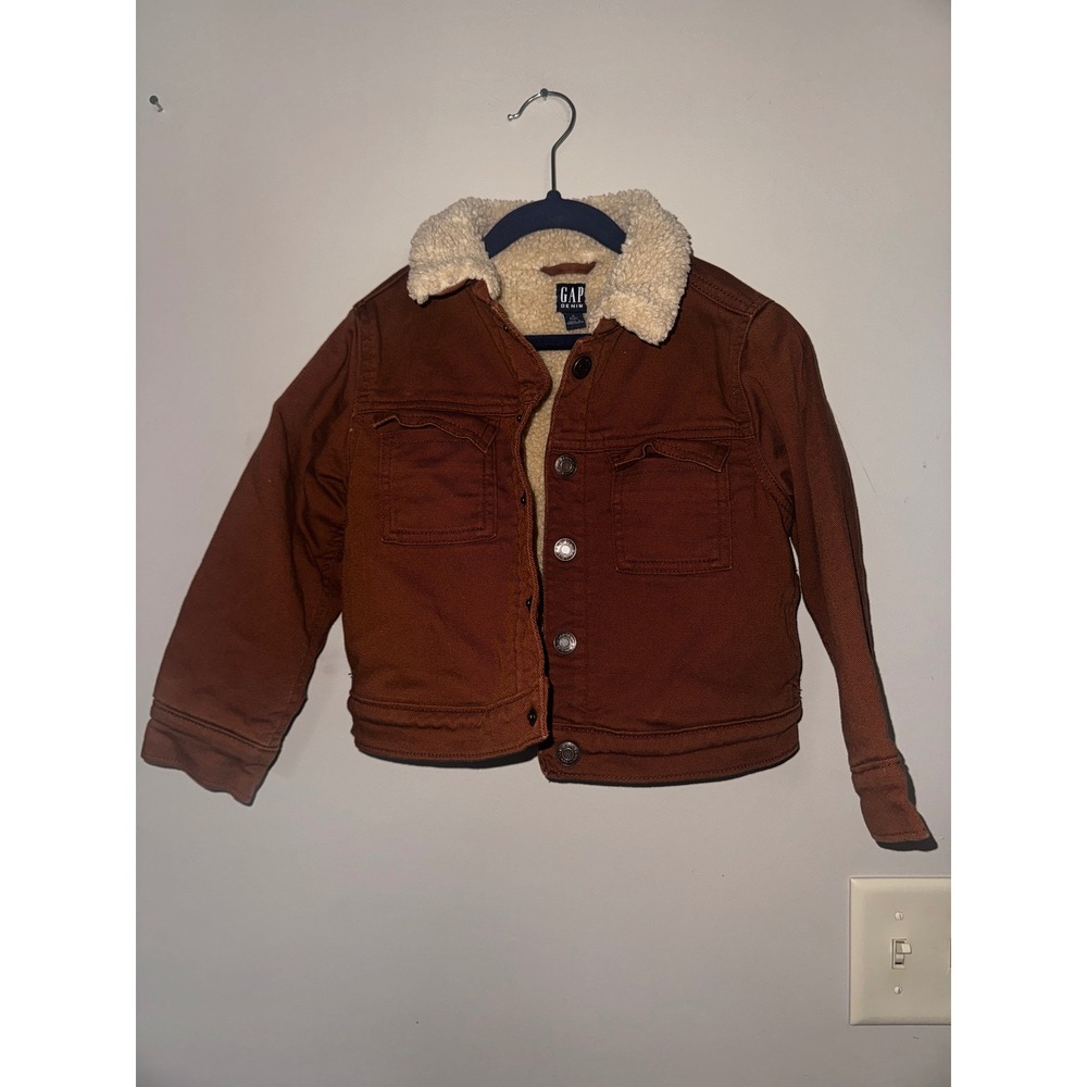 Gap Kids Sherpa Lined Trucker Jacket Rust Brown Canvas Denim Coat Size 4 Years